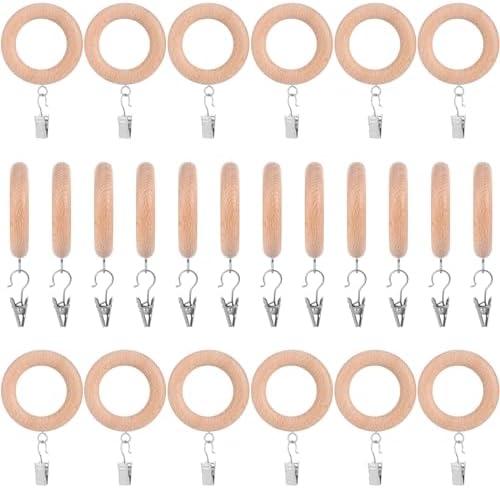 24 Pack Wooden Curtain Rod Rings with Drapery Clips Farmhouse Beech Wood Drapes Rings 1.8 Inch Interior Diameter Rustic for 1-1.3 Inch Curtain Rod Pole (Natural,Inner Dia 1.8 in)