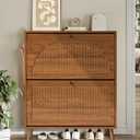 Shoe Storage Cabinet for Entryway with 2 Flip Drawers, Narrow Wood Shoe Cabinet with Fluted Panel, Freestanding Hidden Shoe Organizer for Foyer, Hallway (Walnut)