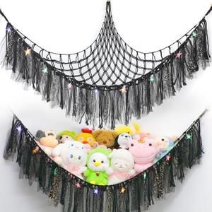 Stuffed Animal Hammock with LED Lights - 59 Inch Large Toy Storage Net for Kids Bedroom, Wall-Mounted Plush Organizer with Wooden Rings, Nursery Decor (Handwoven, Black)