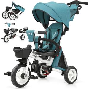 JMMD 8 in 1 Tricycle Stroller with Push Handle, Foldable Trike with 360 Swivel Seat, Reclining Backrest, All-Terrain Wheels, Dual Brakes, Canopy & Storage, Gift for Kids 18 Months to 5 Years, Green