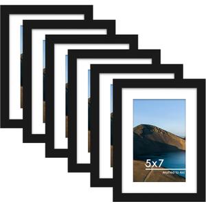 PEALSN 5x7 Picture Frame Set of 6, Display Pictures 4 x 6 with Mat or 5 x 7 without Mat for Wall Mounting or Table Top Display, Photo Frames Collage for Wall Decor, Black.