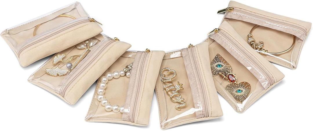 Vlando Jewelry Travel Case, Travel Jewelry Organizer with Clear Velvet Jewelry Bags Zipper Pouch for Women Girl Gift 6Pcs