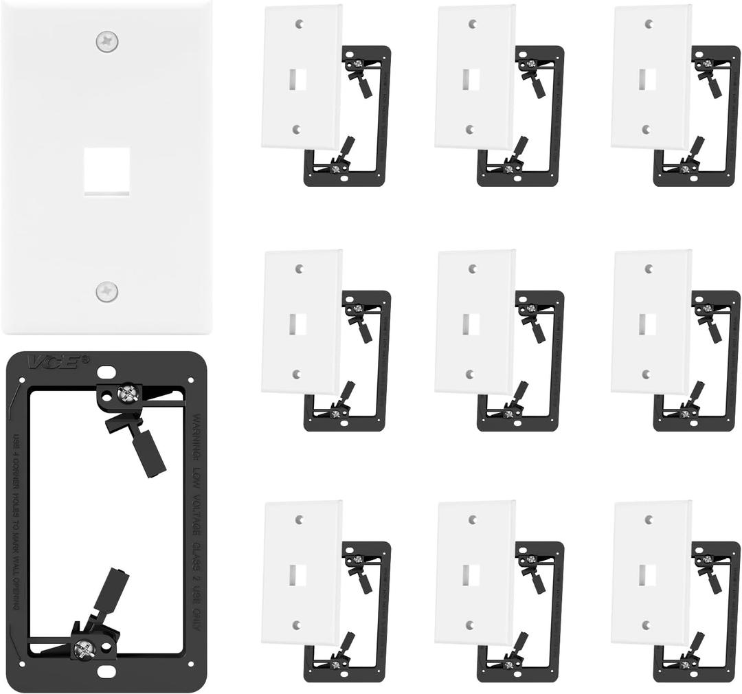 VCE Keystone Wall Plate (UL-Listed) 1-Port with Low Voltage Mounting Bracket for RJ45, Coax, HDMI Keystone Jack Insert, 10 Pack