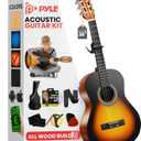 Pyle Beginner Acoustic Guitar Kit, 4/4 Full Size All Wood Instrument for Beginners, Adults, 39" Sunburst Teardrop Matte