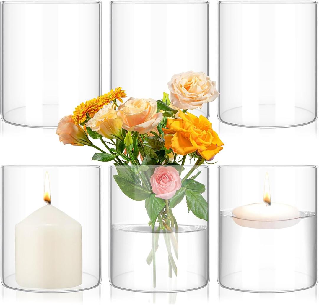6 Pack Glass Cylinder Vases 4 Inch Tall Clear Flower Vase for Centerpieces, Hurricane Floating Candle Holder Wedding Decorations, Floral Vase Bulk for Table Shelf Party Home Deco (4 x 3.35 Inch) (6 Pack 3.35" W x 4" H)
