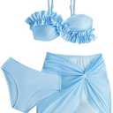 BEAUDRM Girl's 3 Piece Bikini Set Cute Ruffle Trim Swimsuits Bathing Suits with Twist Knot Beach Skirts 8 Y