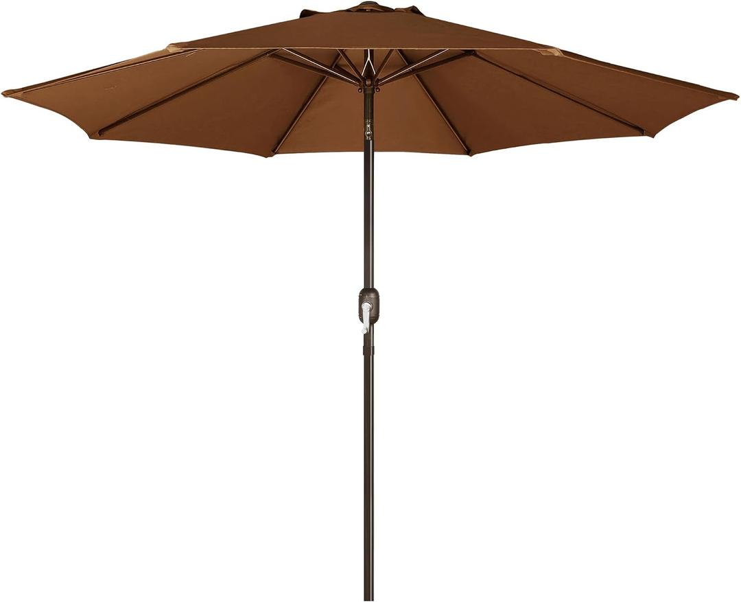 Blissun 9' Outdoor Patio Umbrella, Outdoor Table Umbrella, Yard Umbrella, Market Umbrella with 8 Sturdy Ribs, Push Button Tilt and Crank, Brown