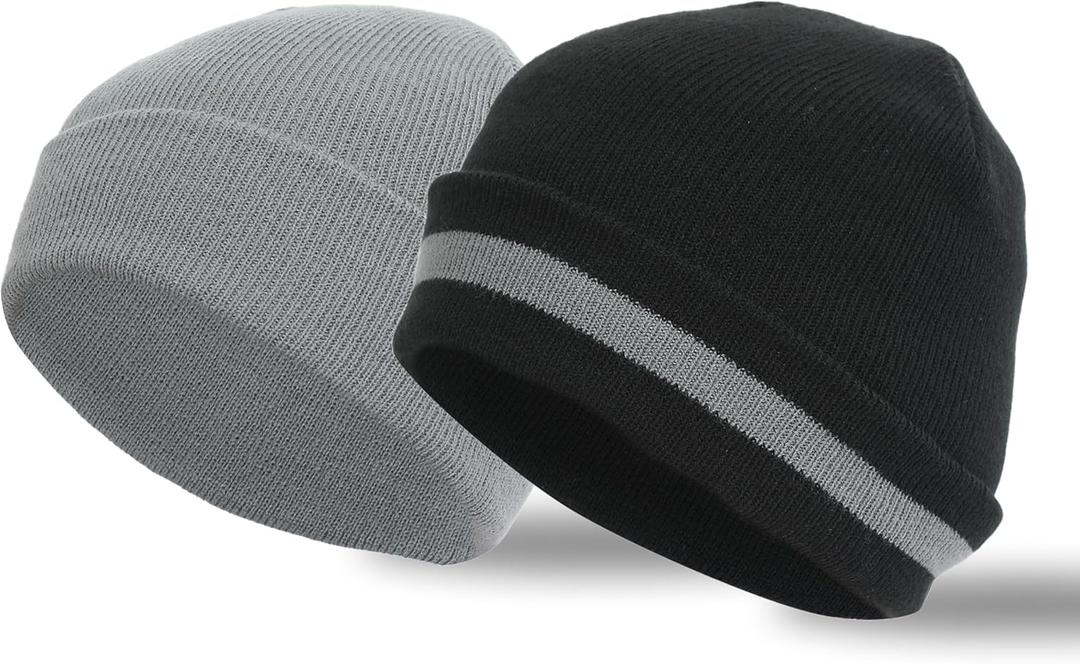 Heat Logic Men Double Layer Knit Beanie, Thick Thermal Skull Cap, Knitted Cuffed Soft Warm Hat, Winter Warm Cap for Adults, Black With Grey Stripe, Solid Grey (2 Pack)