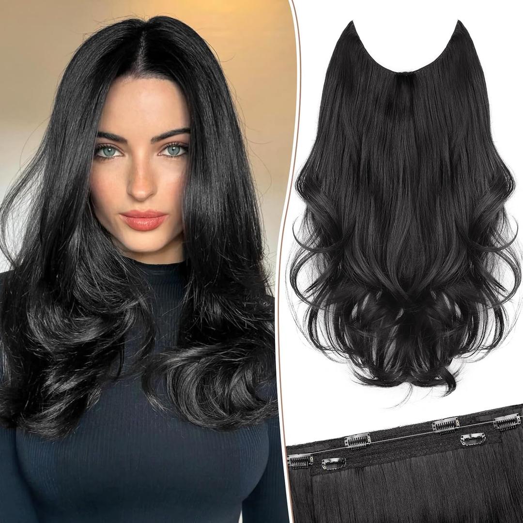 KooKaStyle Invisible Wire Hair Extensions Long Wavy Layered Synthetic Hair Extensions with Transparent Wire Adjustable Size 6 Secure Clips Black Hairpieces for Women 16 Inch