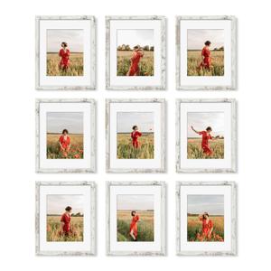 YESKAY 11x14 Picture Frame Set of 9, Photo Gallery Wall Frame Set Display Pictures 8x10 with Mat or 11 x 14 Without Mat, Multi Photo Frames for Wall Mounting or Table Top Display, Distressed White