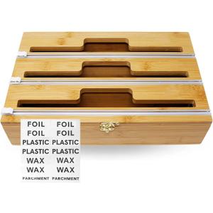 3-in-1 Premium Bamboo Aluminum Foil & Plastic Wrap Dispenser | Kitchen Organizer with Cutter | Great for Foil, Wax Paper, Plastic Wrap & More