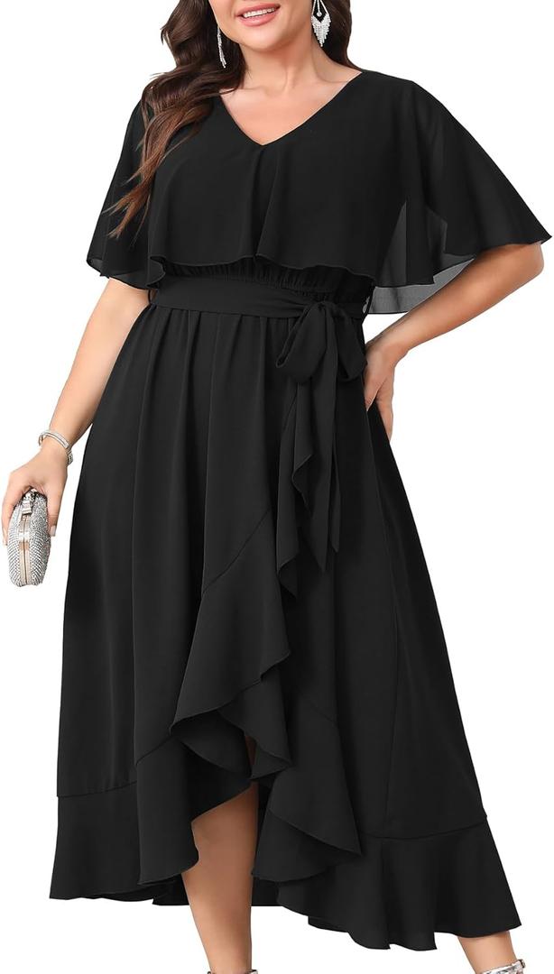 Women Plus Size Long Formal Dress Short Sleeve Chiffon Ruffle V Neck High Low Split Wedding Guest Maxi Dresses (3X-Large Plus, Black)