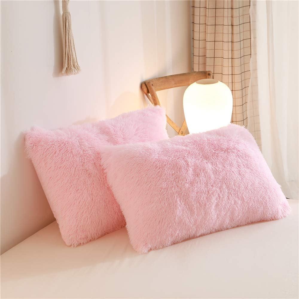 HAIHUA Faux Fur Fluffy Pillow case, Soft Decorative Fuzzy Pillow Covers for Home, Bedroom, Living Room, Zipper Closure, Set of 2 (Standard 20"x 26", Pink)