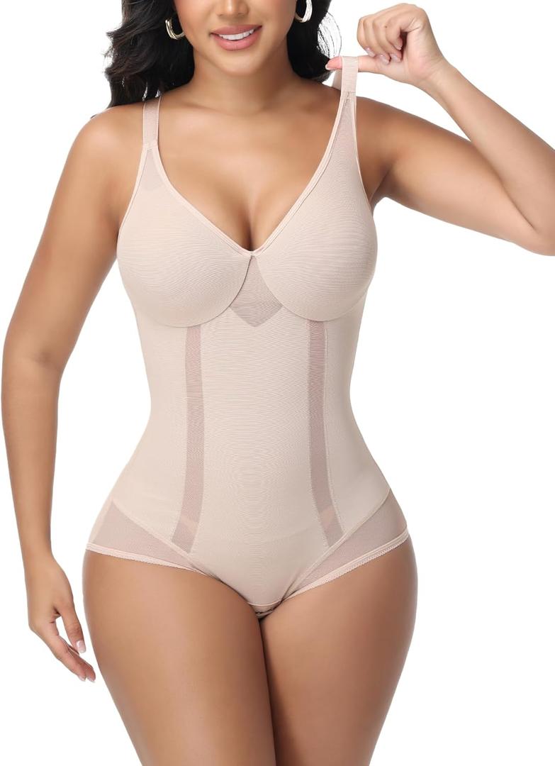 SHAPESHE Shapewear Bodysuit with Underwire for Women Deep V Neck Faja Body Shaper Mesh Slimming Bodysuit, Size L