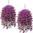 12PCS Artificial Hanging Plants Outdoors 2 Packs Fuchsia Fake Hanging Baskets with Fake Petunias Outdoor Flowers Artificial for Porch Balcony Garden Decor