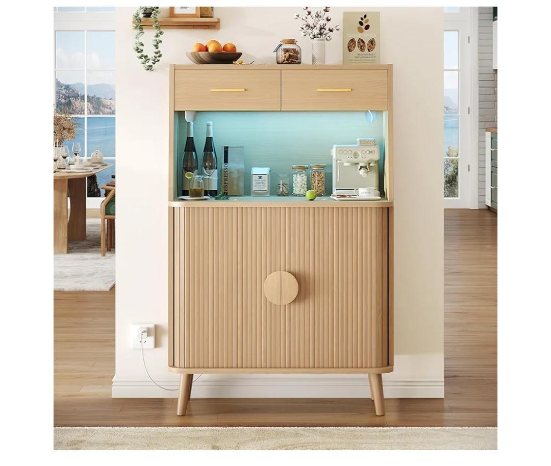 Decofy 47.2" Sideboard Buffet Cabinet with LED Light & Sliding Door, Modern Storage Cabinet with Adjustable Shelf &2 Drawers, Coffee Bar for Kitchen, Entryway(Oak)
