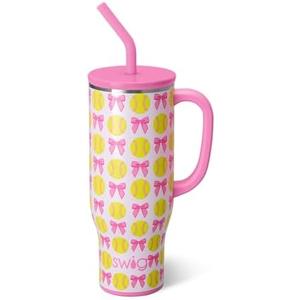 Swig Life 30oz Mega Mug, 30 oz Tumbler with Handle and Straw, Cup Holder Friendly, Dishwasher Safe, Stainless Steel Tumbler, Softball Gifts, Softball Water Bottle (Pitch Hit Run)