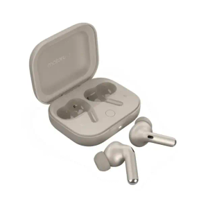 Motorola Mobility Moto Buds+ Sound by Bose (Bluetooth 5.3 Earbuds, Dolby Head Tracking + Dolby Atmos, Active Noise Cancellation, Wireless Charging, Up to 38 Hours), Beach Sand
