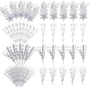 Syhood 30 Pack Holiday Tree Picks and Sprays Glitter Artificial Poinsettia Flower Berry Stems Ornaments Winter Tree Picks Branches Curly Wispy Twigs Sticks for DIY Craft Wreath Decor(Silver)