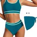 Teen Girls Swimsuit High Waist Sporty Bikini Bathing Suits with Cover Up Skirt and Sunglasses 4 Piece Set, Size: 14-15 Years