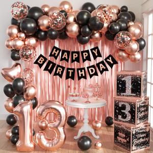 Rose Gold 13th Birthday Decorations for Girls - Official Teenager Party Supplies Include 3pcs Balloon Boxes, Number 13 Foil Balloons, Fringe Curtains, Black Pink Garland Arch Kit - Photo Prop Backdrop