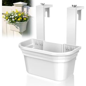 4 Pack Fence Post Planter for 5x5 PVC Fence Posts, 15.75 Inch Fence Hanging Planters for Outdoor Plants, Easy Install, White Flower Pots for Deck Railing Garden Yard Decor