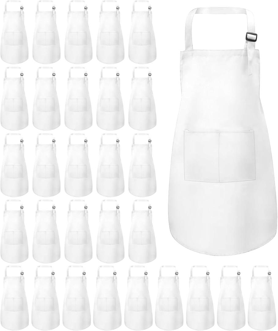 30 Pcs Kids Apron Bulk Adjustable Children Bib Aprons with Pockets for Girls Painting Kitchen Cooking Baking (White, L)