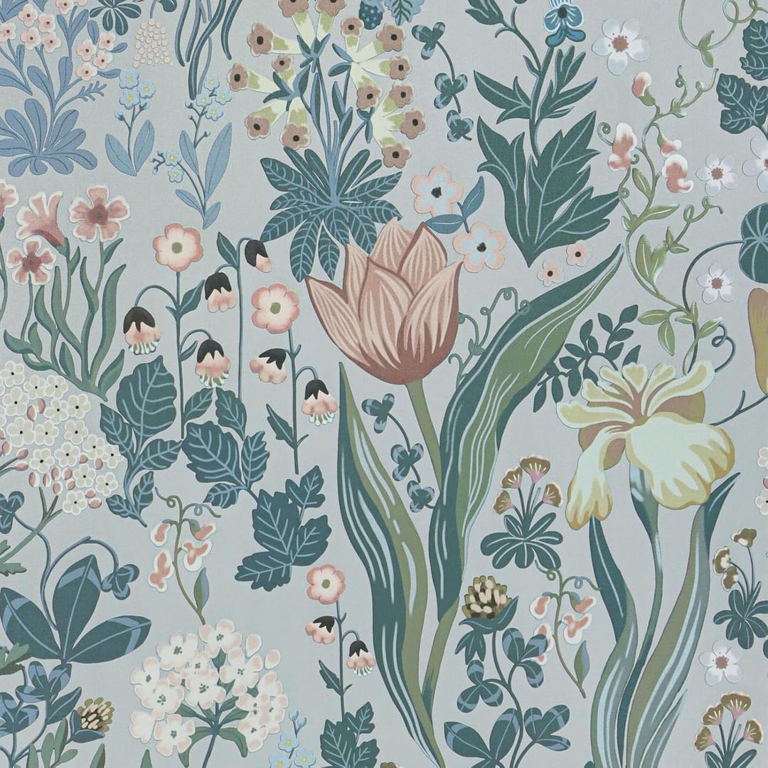 Peel and Stick Wallpaper Vintage Wall Paper Gray Blue Floral Contact Paper Removable Wallpaper 17.3"x196.8" Leaf Flower Self Adhesive for Bedroom Drawer Decor Vinyl Rolls