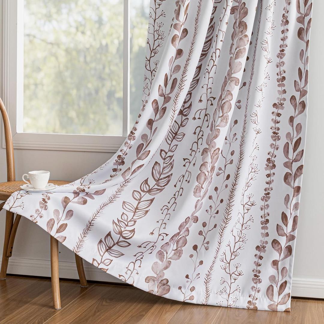 MEETSKY 95% Blackout Curtains for Bedroom, Thermal Insulated Privacy Protection Back Tab Curtains 63 Inches Length for Living Room, Brown Leaf Pattern, 2 Panels, 50" Wide Each