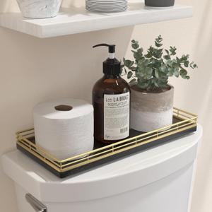 Oak Bathroom Toilet Tank Tray, 13" Paper Storage Basket Tray Back of Toilet Basket Organizer, for Perfume Makeup Candle Kitchen Counter Coffee Table Gold Decor (13" x 6.5" x 1.5")