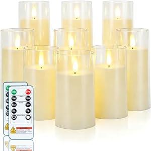 Homemory Ivory Flickering Flameless Candles, Battery Operated Acrylic LED Pillar Candles with Remote Control and Timer, Set of 9