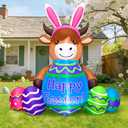 4FT Easter Inflatables Outdoor Decoration Highland Cattle, Blow Up Cow Yard Decor with Inflatable Bunny Ears Eggs Built in LED Lights for Lawn Garden Holiday Party