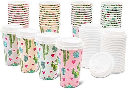 BLUE PANDA 48 Pack Disposable 16oz Coffee Cups with Lids - Cactus Party Supplies - Paper To Go Cup for Themed Birthday Parties, Weddings, Baby Showers