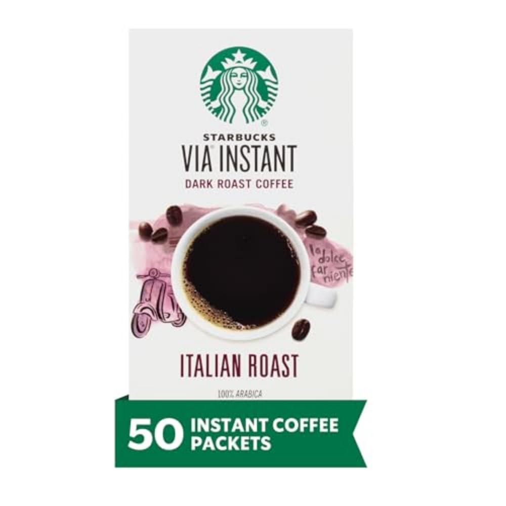 Starbucks VIA Instant Coffee, Dark Roast Coffee, Italian Roast, 100% Arabica, Single-Serve, 1 Box (50 Packets) (EXP 03/09/27)