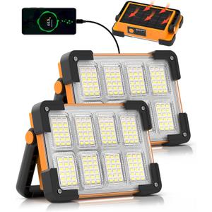 2 Pack 120W Solar Rechargeable Work Light, 144 LED 10000LM Led Work Light with 4 Modes, Portable Flood Light with Stand, IP66 Waterproof Outdoor Working Light for Emergency Mechanic Camping Repair