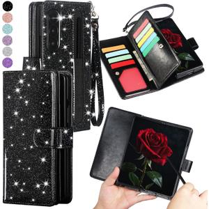 Varikke Compatible with Samsung Galaxy Z Fold 6 Wallet Case, [RFID Blocking] Card Holder, Glitter PU Leather Flip Phone Case with S Pen Holder Slot & Wrist Strap for Women Men, Black