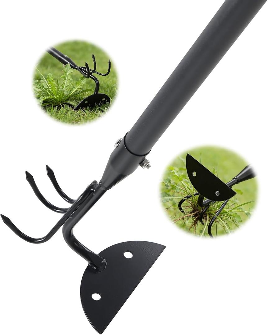 65 Inch 2-in-1 Hoe and Cultivator Garden Tool, Heavy Duty Garden Hoe with 3-Tine Tiller Rake for Weeding and Soil Loosening, Long Handle Stand Up Weed Removal Tool for Planting, Digging & Gardening