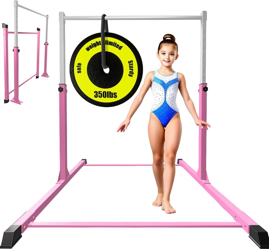 Safe Sturdy Gymnastics Bar for Kids Ages 3-18 Easy to Assemble and Release3'-5' Adjustable Heigh Anti-SlipSteel Home Gym Training Bar for Junior Gymnasts Gymnastic Equipment for Indoor Practice All (pink)
