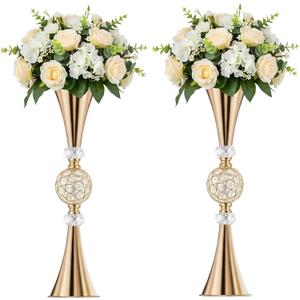 Gold Flower Stand for Wedding, 27.6in Wedding Flower Stand for Table Centerpiece, Tall Metal Crystal Trumpet Flower Vase for Table Wedding Reception Party Event Home Decor