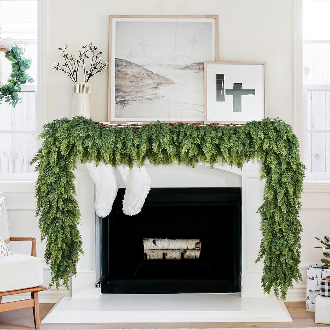 Lvydec Christmas Pine Garland, 6.5ft Realistic Cedar Cypress Greenery Decoration, Holiday Mantel Fireplace Table Centerpiece (Light Green)