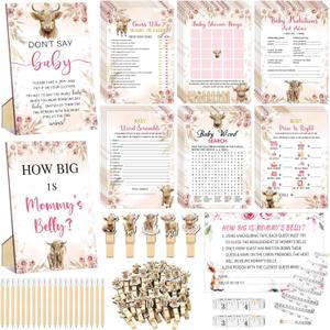 Funnymoom 426 Pcs Highland Cow Baby Shower Games Set-8 Games, Includes Baby Shower Bingo Price is Right Guess Who Word Scramble Prediction and Advice How Big is Mommy's Belly Don't Say the Words (Pink, Beige)