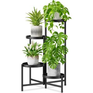 iDavosic.ly 4 Tier Large Plant Stand Indoor with 10 Inch Wide Tray, Tiered Corner Metal Outdoor Flower Display Holder Shelf, Folding Tall Rack for Patio Porch Living Room, Modern Black