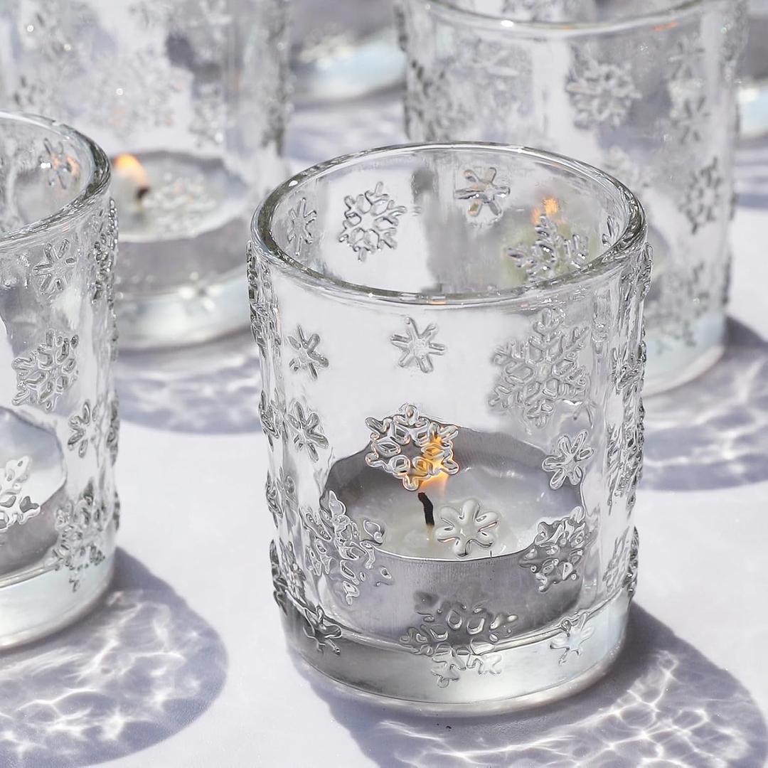 VOHO 24pcs Tealight Candle Holder Raised Snowflake Design, Glass Candle Holder for Winter Holiday, Clear Votive Candle Holders for Theme Birthday Party, Home Decor