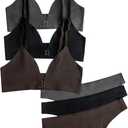 OYOANGLE Women's 3 Pack Front Closure Bras and Low Rise Thongs Set No Show Bra Underwear Sets (Medium, Black and Grey)