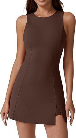QINSEN Womens Crew Neck Tennis Dress Sleeveless Side Slit Golf Athletic Dress Build in Shorts with Pockets
M