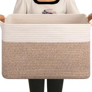 OIAHOMY Large Storage Basket, Cotton Rope Woven Blanket Basket, Toy Bin for Baby Room, Container for Blanket Storage in Living Room, 20''16''12'', Brown & White (65L)