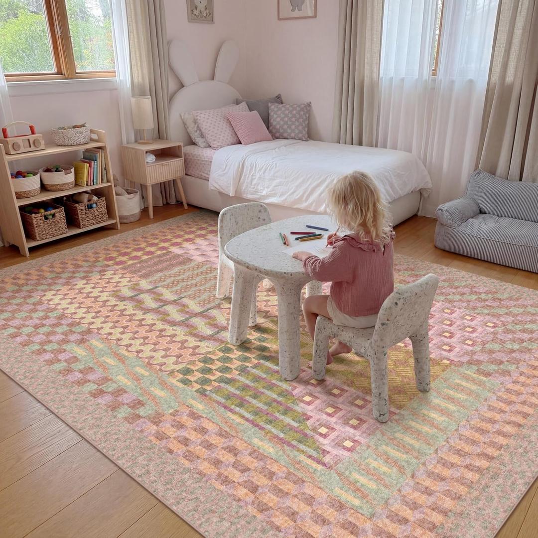 Kokia 9x12 Modern Geometric Washable Area Rug, Non-Slip Stain-Resistant Low Pile Rugs for Girls Bedroom, Living Room, Dining Room, Pink and Purple (Mauve/Lilac/Butter/Light Sage)