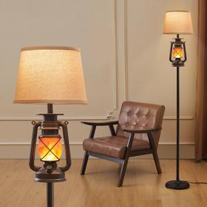 LEDIARY LED Flashing Flame Night Lantern Farmhouse Floor Lamp for Living Room, Rustic Standing Lamp with Beige Linen Drum Lampshade, Lantern Floor Lamps for Bedroom Home Decor (Bronze Brown & Black)