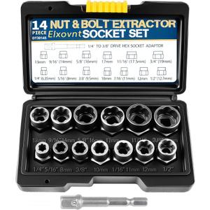 Bolt Extractor Kit, 14Pcs Cr-Mo Steel Bolt Extractor Set, 3/8" Drive Impact Bolt & Nut Remover Socket Tool Kit, Stripped For Damaged, Frozen, Studs, Rusted, Rounded-Off Bolts, Nuts & Screws