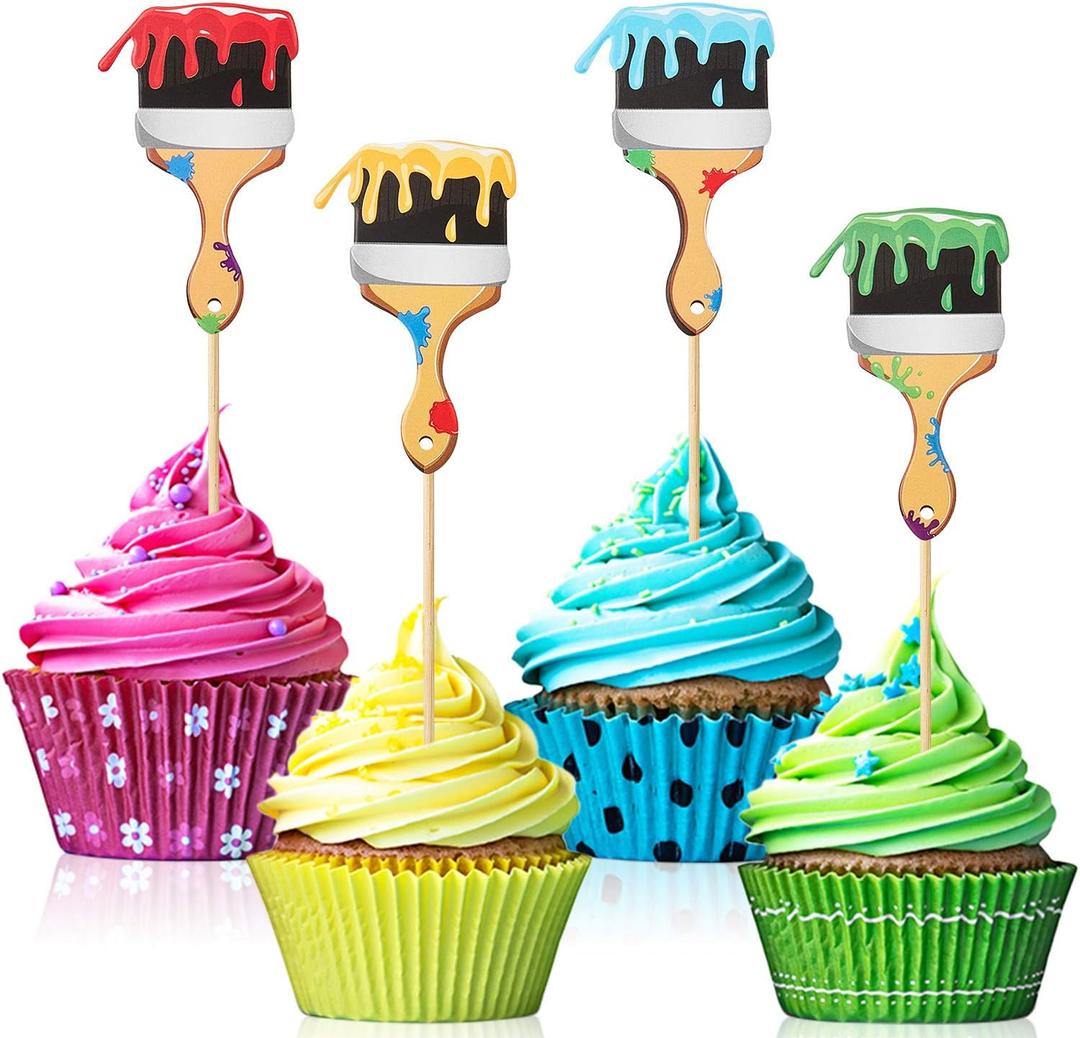 36pcs Paint Brush Cupcake Toppers Painting Cupcake Picks Toothpicks for Art Theme Cake Decorations Artist Birthday Party Favors Supplies